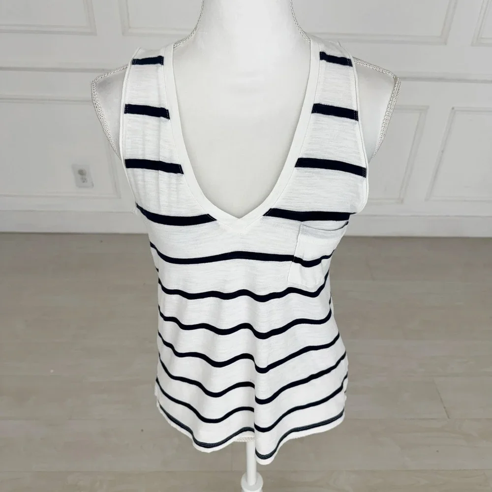 Madewell Tank Top Womens Size Small White Black Striped V-Neck‎ Pocket Cotton